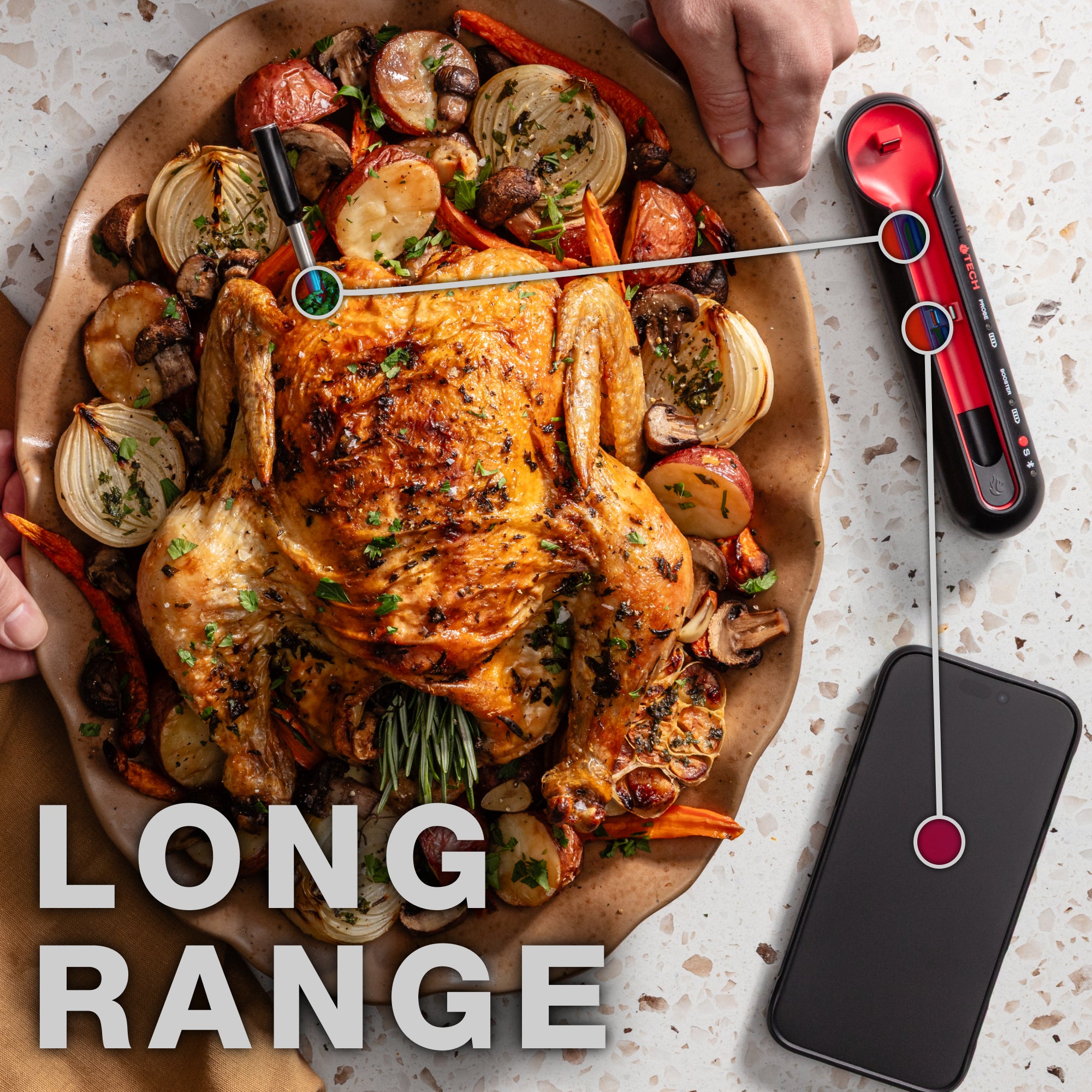 Roasted chicken with vegetables on a plate, thermometer probe, smartphone, and 'LONG RANGE' text.