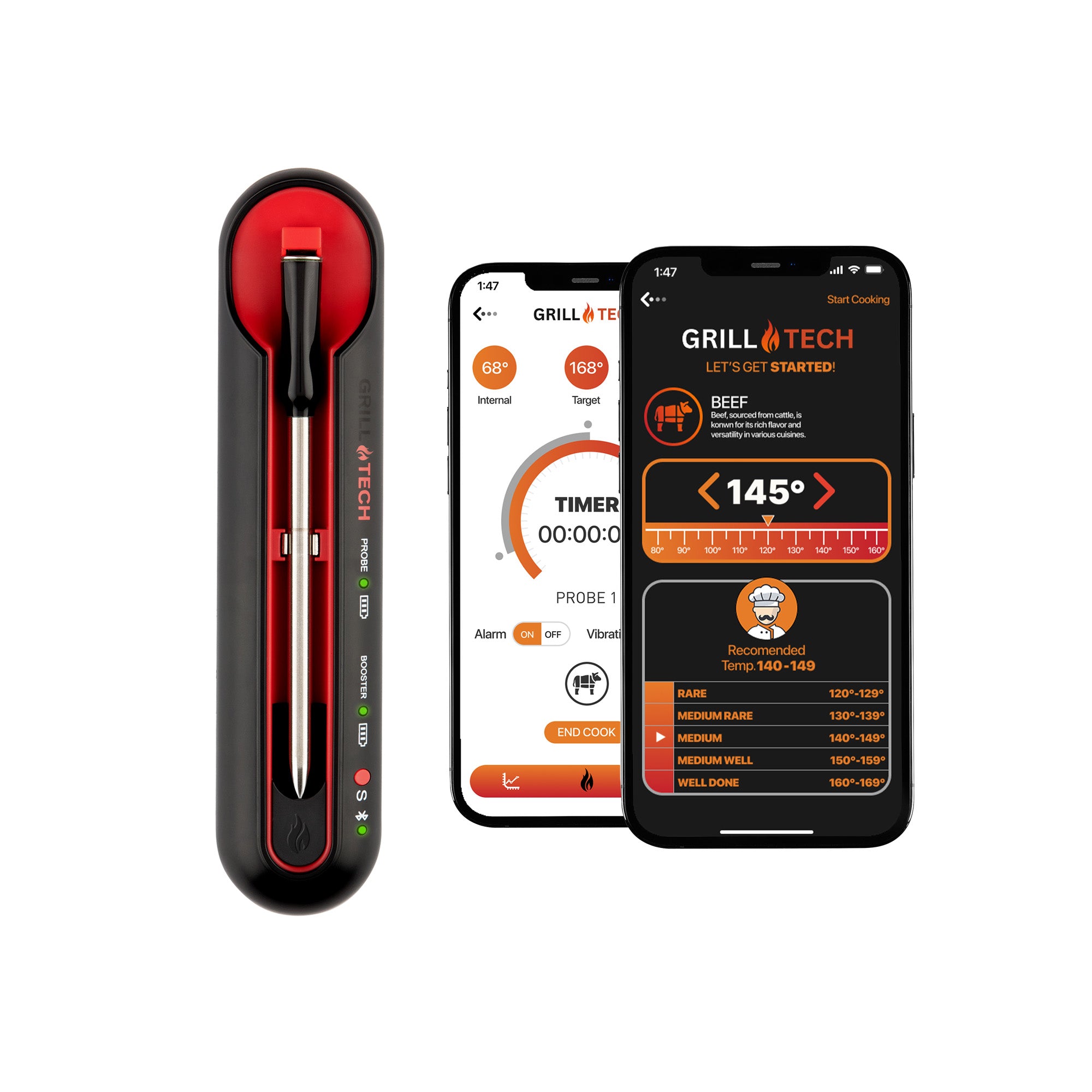 Frill Tech Meat Thermometor and App on white background