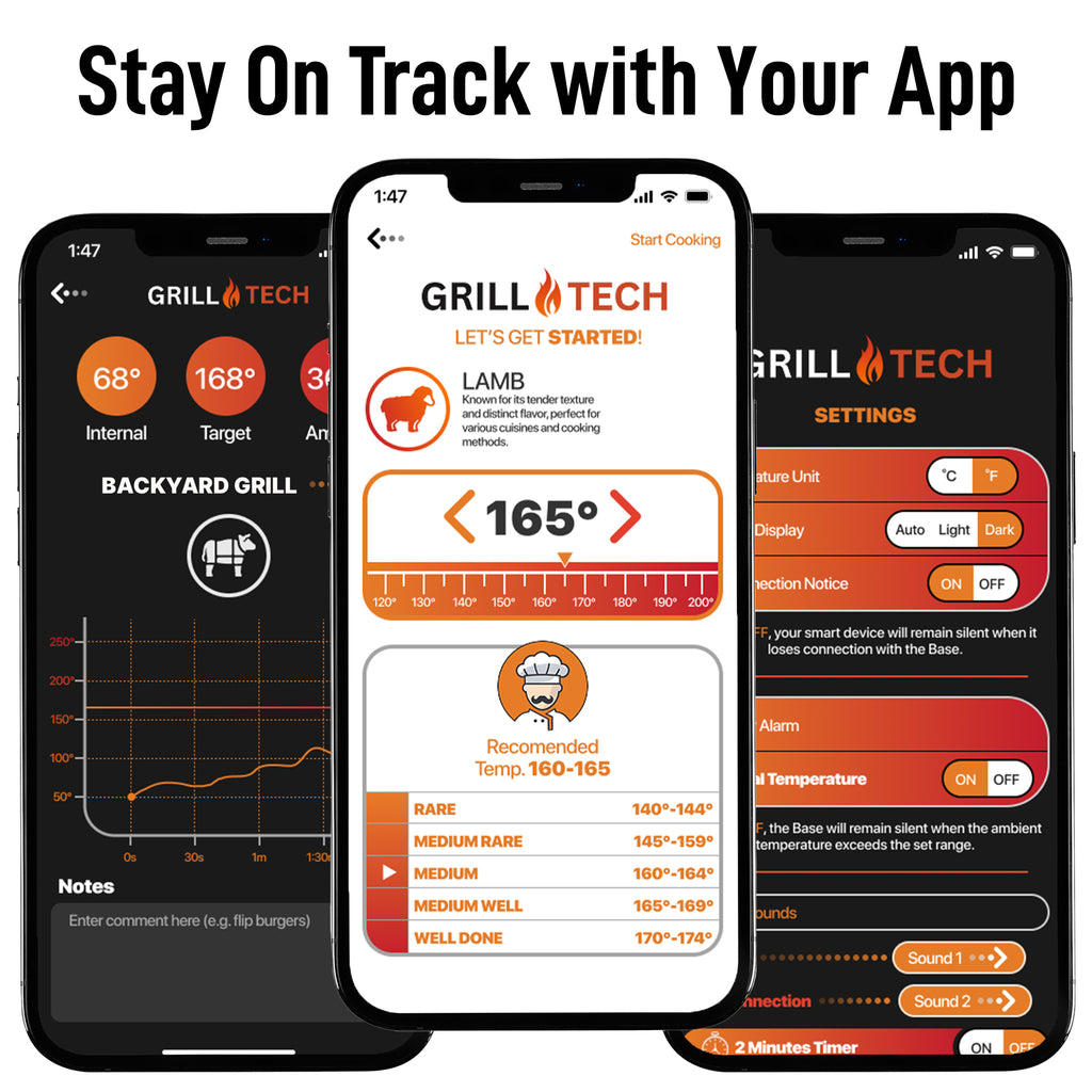 Three smartphone screens displaying the Grill Tech app with different features.